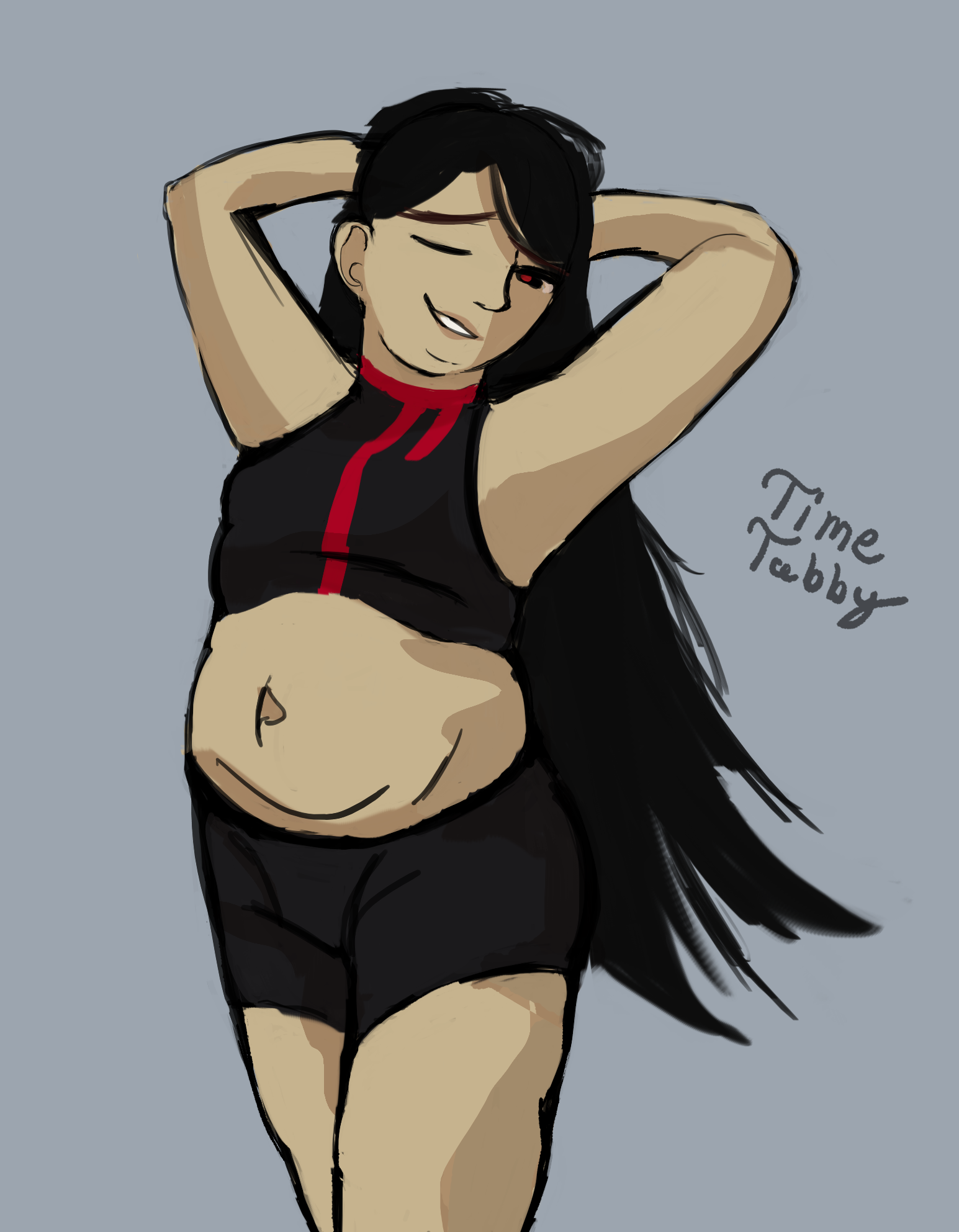 Yi Xi posing flirtatiously with her arms behind her head. She's wearing her usual black crop top with black shorts.